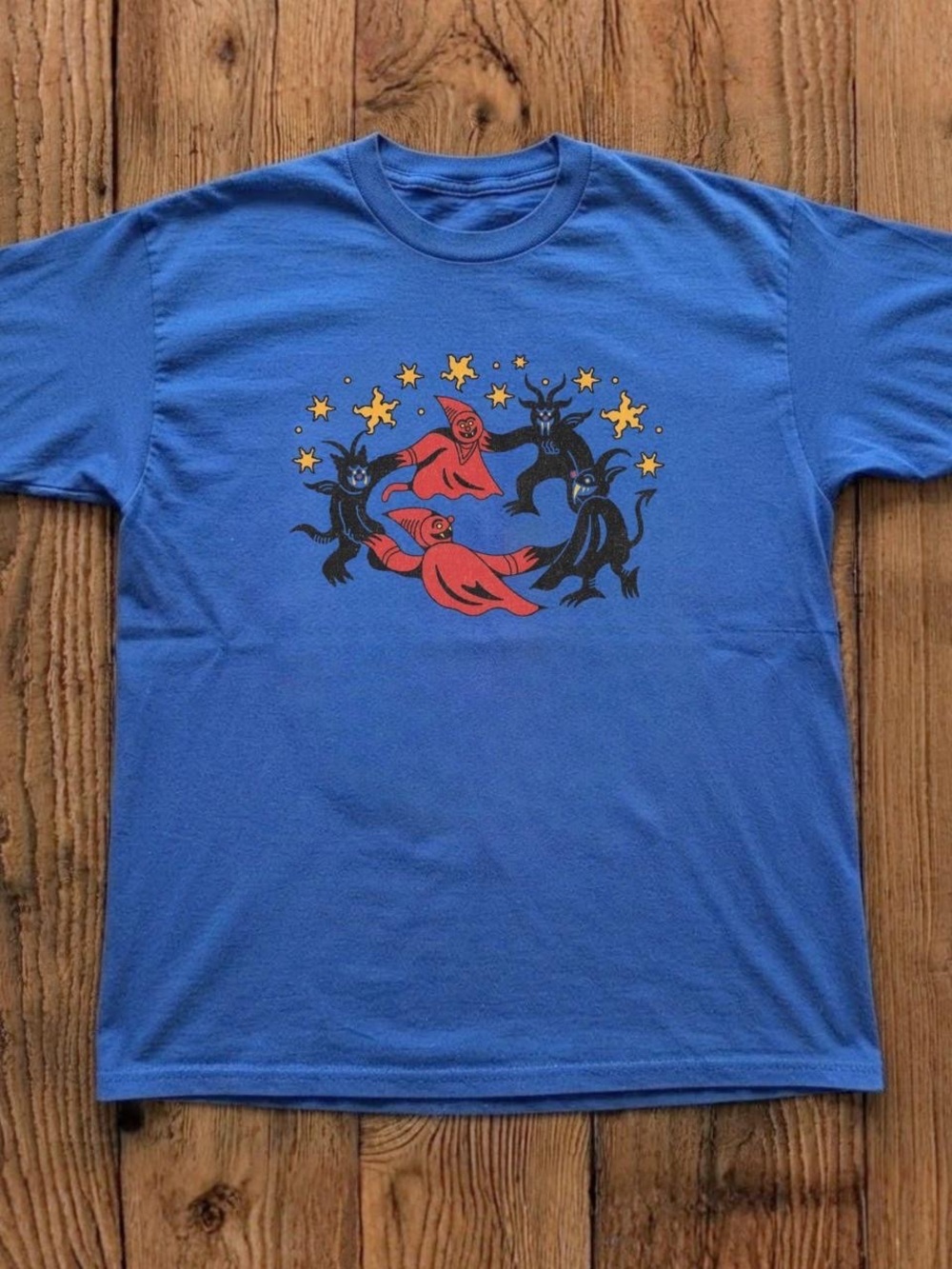 Gildan Blue Tee with Red & Black Celestial Characters